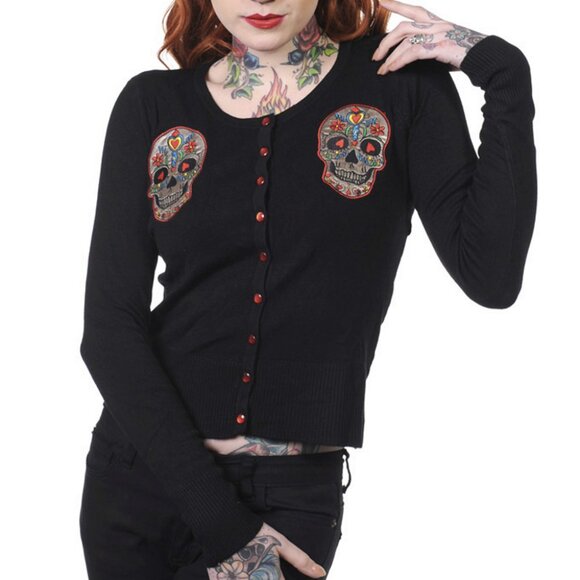 Day of The Dead Flower Heart Sugar Skull Embroidery Black Sweater Cardigan - Picture 1 of 2